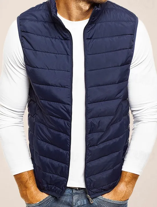 Outlet OUKU Men's Quilted Vest Cardigan Going out Casual All Seasons Pocket Polyester Plain Zipper Stand Collar Regular Fit Black Red Navy Blue Gray Vest