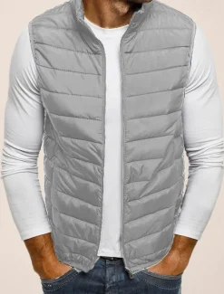 Outlet OUKU Men's Quilted Vest Cardigan Going out Casual All Seasons Pocket Polyester Plain Zipper Stand Collar Regular Fit Black Red Navy Blue Gray Vest