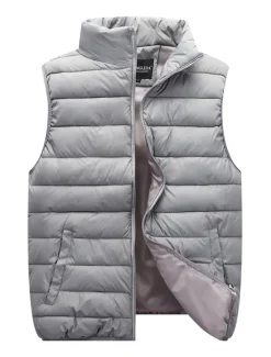 Outlet OUKU Men's Quilted Vest Cardigan Going out Casual All Seasons Pocket Polyester Plain Zipper Stand Collar Regular Fit Black Red Navy Blue Gray Vest