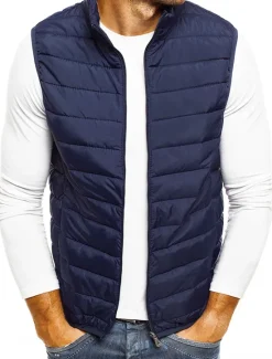 Outlet OUKU Men's Quilted Vest Cardigan Going out Casual All Seasons Pocket Polyester Plain Zipper Stand Collar Regular Fit Black Red Navy Blue Gray Vest