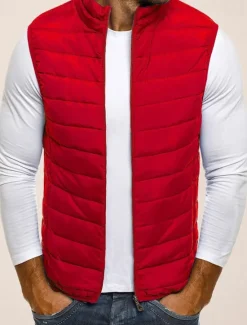 Outlet OUKU Men's Quilted Vest Cardigan Going out Casual All Seasons Pocket Polyester Plain Zipper Stand Collar Regular Fit Black Red Navy Blue Gray Vest