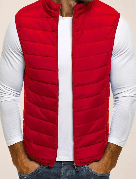 Outlet OUKU Men's Quilted Vest Cardigan Going out Casual All Seasons Pocket Polyester Plain Zipper Stand Collar Regular Fit Black Red Navy Blue Gray Vest