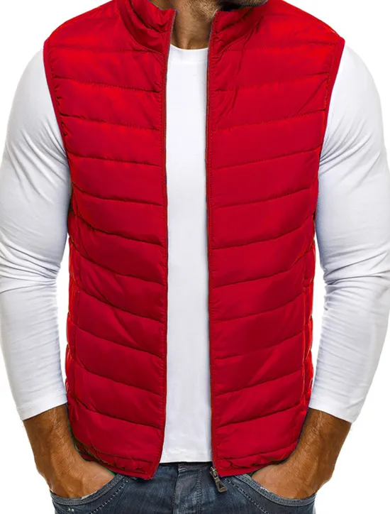 Outlet OUKU Men's Quilted Vest Cardigan Going out Casual All Seasons Pocket Polyester Plain Zipper Stand Collar Regular Fit Black Red Navy Blue Gray Vest