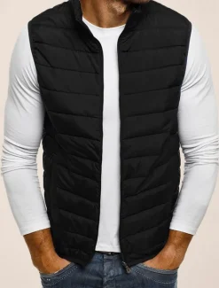 Outlet OUKU Men's Quilted Vest Cardigan Going out Casual All Seasons Pocket Polyester Plain Zipper Stand Collar Regular Fit Black Red Navy Blue Gray Vest