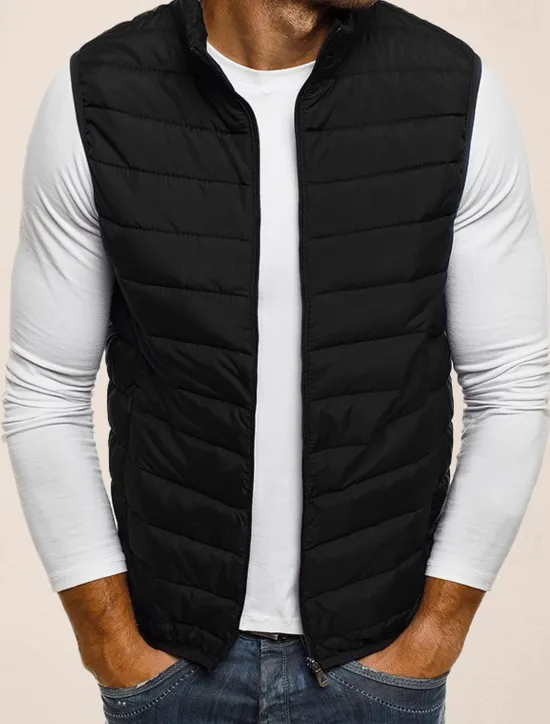 Outlet OUKU Men's Quilted Vest Cardigan Going out Casual All Seasons Pocket Polyester Plain Zipper Stand Collar Regular Fit Black Red Navy Blue Gray Vest