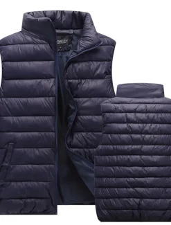 Outlet OUKU Men's Quilted Vest Cardigan Going out Casual All Seasons Pocket Polyester Plain Zipper Stand Collar Regular Fit Black Red Navy Blue Gray Vest