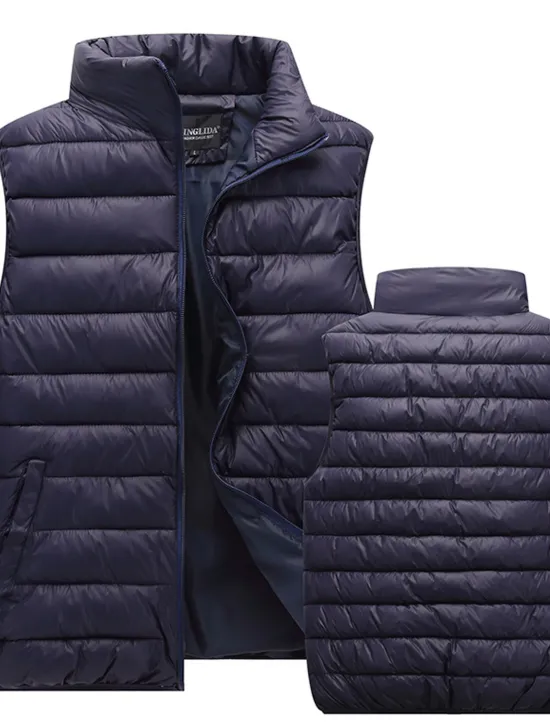 Outlet OUKU Men's Quilted Vest Cardigan Going out Casual All Seasons Pocket Polyester Plain Zipper Stand Collar Regular Fit Black Red Navy Blue Gray Vest