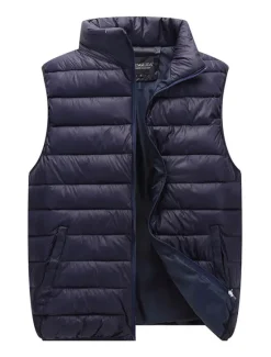 Outlet OUKU Men's Quilted Vest Cardigan Going out Casual All Seasons Pocket Polyester Plain Zipper Stand Collar Regular Fit Black Red Navy Blue Gray Vest