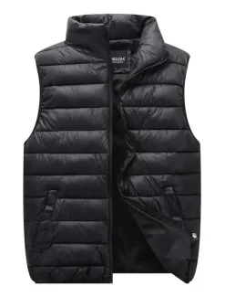 Outlet OUKU Men's Quilted Vest Cardigan Going out Casual All Seasons Pocket Polyester Plain Zipper Stand Collar Regular Fit Black Red Navy Blue Gray Vest