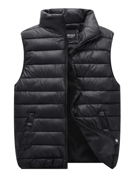 Outlet OUKU Men's Quilted Vest Cardigan Going out Casual All Seasons Pocket Polyester Plain Zipper Stand Collar Regular Fit Black Red Navy Blue Gray Vest