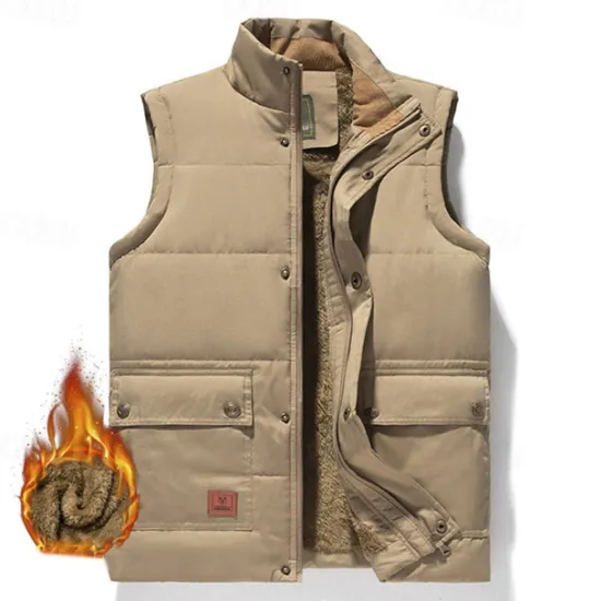 Outlet OUKU Men's Quilted Vest Daily Casual Fall & Winter Pocket Polyester Comfortable Solid Color Zipper Stand Collar Black Khaki Army Green Dark Blue Vest