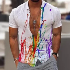 Discount OUKU Men's Rainbow Geometric Pattern Pride Shirt Button Up Shirt Short Sleeve Fashion Streetwear Designer Outdoor Daily Going out Summer Spring Turndown Print White Green Rainbow