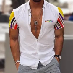 Discount OUKU Men's Rainbow Geometric Pattern Pride Shirt Button Up Shirt Short Sleeve Fashion Streetwear Designer Outdoor Daily Going out Summer Spring Turndown Print White Green Rainbow