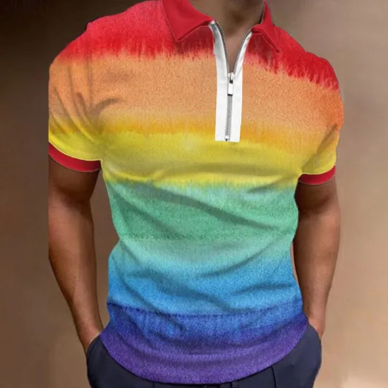 Hot OUKU Men's Rainbow Hawaiian Polo Shirts Golf Shirt Short Sleeve Polo Shirts Collared Shirts Casual Beach Wear Vacation Wear Tropical Wear Party Outfits 3D Print Quarter Zip Polo Black Olive Green White