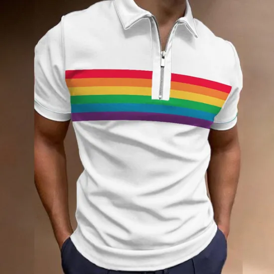 Hot OUKU Men's Rainbow Hawaiian Polo Shirts Golf Shirt Short Sleeve Polo Shirts Collared Shirts Casual Beach Wear Vacation Wear Tropical Wear Party Outfits 3D Print Quarter Zip Polo Black Olive Green White