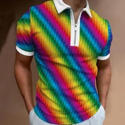 Hot OUKU Men's Rainbow Hawaiian Polo Shirts Golf Shirt Short Sleeve Polo Shirts Collared Shirts Casual Beach Wear Vacation Wear Tropical Wear Party Outfits 3D Print Quarter Zip Polo Black Olive Green White