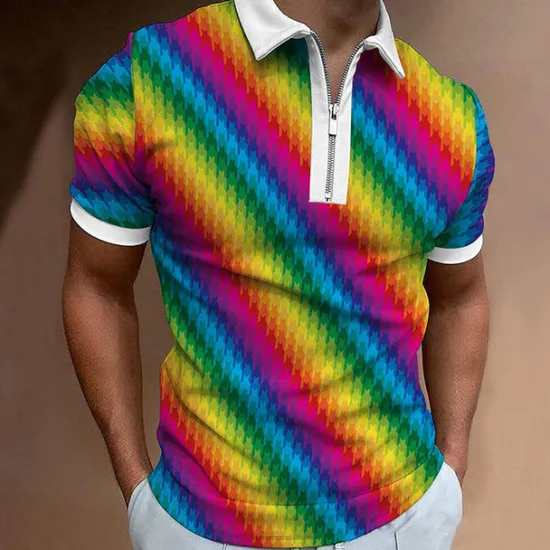 Hot OUKU Men's Rainbow Hawaiian Polo Shirts Golf Shirt Short Sleeve Polo Shirts Collared Shirts Casual Beach Wear Vacation Wear Tropical Wear Party Outfits 3D Print Quarter Zip Polo Black Olive Green White