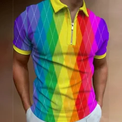 Online OUKU Men's Rainbow Hawaiian Polo Shirts Golf Shirt Short Sleeve Polo Shirts Collared Shirts Casual Beach Wear Vacation Wear Tropical Wear Party Outfits 3D Print Quarter Zip Polo Pink Blue Rainbow