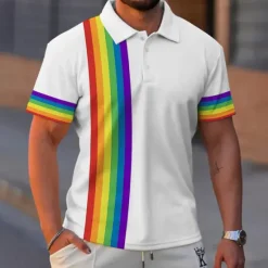 Sale OUKU Men's Rainbow Polo Shirts Golf Shirt Short Sleeve Polo Shirts Collared Shirts Business Casual Vacation Wear Formal Wear Festival Wear Buttons 3D Print Black White Blue