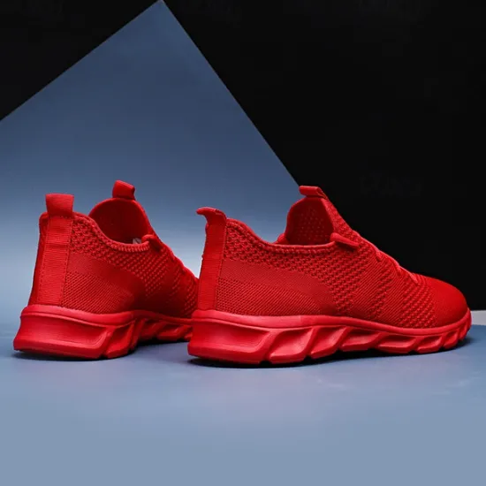Online OUKU Men's Red Breathable Knit Sneakers - Lightweight Running Shoes with Cushioned Sole for Sports and Casual Wear
