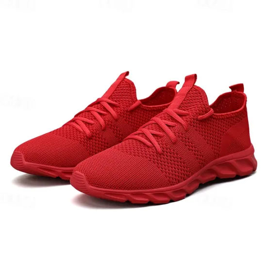 Online OUKU Men's Red Breathable Knit Sneakers - Lightweight Running Shoes with Cushioned Sole for Sports and Casual Wear