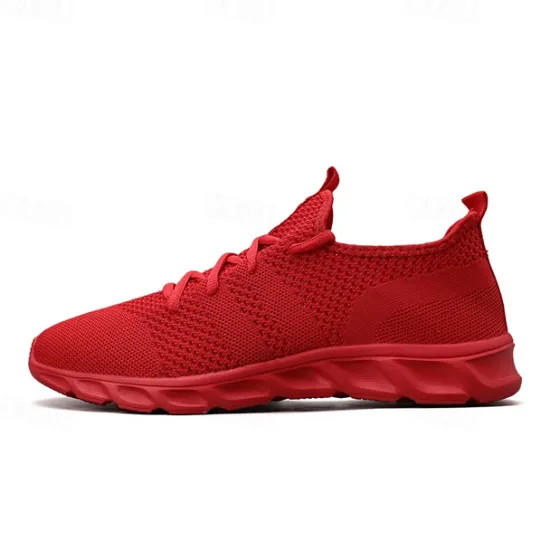 Online OUKU Men's Red Breathable Knit Sneakers - Lightweight Running Shoes with Cushioned Sole for Sports and Casual Wear
