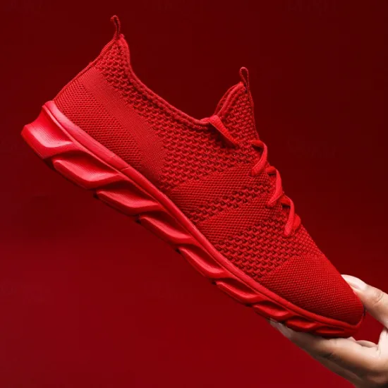 Online OUKU Men's Red Breathable Knit Sneakers - Lightweight Running Shoes with Cushioned Sole for Sports and Casual Wear