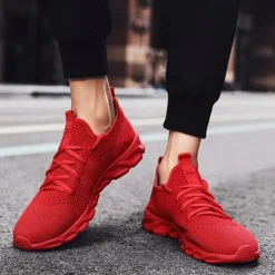 Online OUKU Men's Red Breathable Knit Sneakers - Lightweight Running Shoes with Cushioned Sole for Sports and Casual Wear