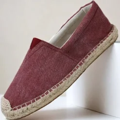 Clearance OUKU Men's Red Canvas Espadrille Slip-On Shoes with Jute Rope Sole – Comfortable Summer Footwear