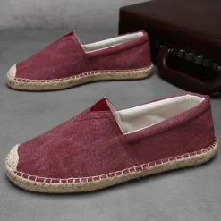 Clearance OUKU Men's Red Canvas Espadrille Slip-On Shoes with Jute Rope Sole – Comfortable Summer Footwear