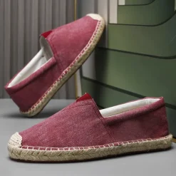 Clearance OUKU Men's Red Canvas Espadrille Slip-On Shoes with Jute Rope Sole – Comfortable Summer Footwear
