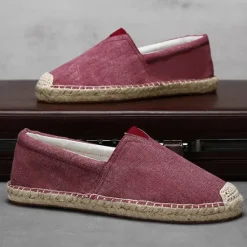 Clearance OUKU Men's Red Canvas Espadrille Slip-On Shoes with Jute Rope Sole – Comfortable Summer Footwear