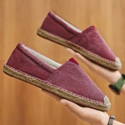 Clearance OUKU Men's Red Canvas Espadrille Slip-On Shoes with Jute Rope Sole – Comfortable Summer Footwear