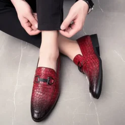 Online OUKU Men's Red Crocodile-Embossed Faux Leather Loafers – Luxury Slip-On Shoes with Sleek Metal Buckle Accent for Formal and Business Wear