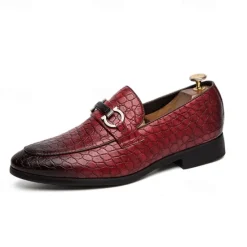 Online OUKU Men's Red Crocodile-Embossed Faux Leather Loafers – Luxury Slip-On Shoes with Sleek Metal Buckle Accent for Formal and Business Wear