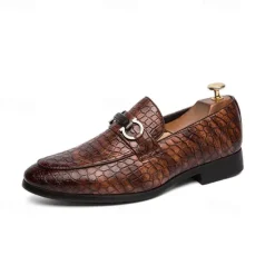 Online OUKU Men's Red Crocodile-Embossed Faux Leather Loafers – Luxury Slip-On Shoes with Sleek Metal Buckle Accent for Formal and Business Wear