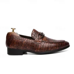 Online OUKU Men's Red Crocodile-Embossed Faux Leather Loafers – Luxury Slip-On Shoes with Sleek Metal Buckle Accent for Formal and Business Wear