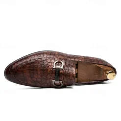 Online OUKU Men's Red Crocodile-Embossed Faux Leather Loafers – Luxury Slip-On Shoes with Sleek Metal Buckle Accent for Formal and Business Wear