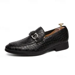 Online OUKU Men's Red Crocodile-Embossed Faux Leather Loafers – Luxury Slip-On Shoes with Sleek Metal Buckle Accent for Formal and Business Wear