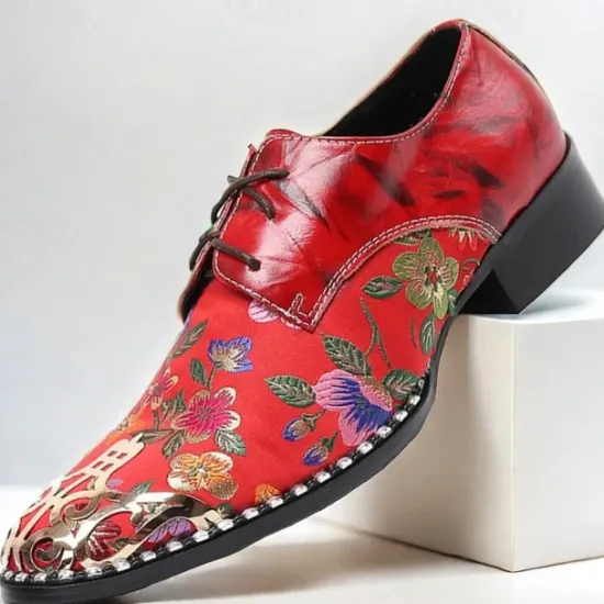 Best OUKU Men's Floral Lace-Up Oxford Shoes – Premium Cowhide Leather with Metal Toe Cap, Stylish Design for Weddings, Parties, and Special Occasions Red