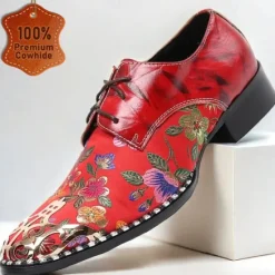 Best OUKU Men's Floral Lace-Up Oxford Shoes – Premium Cowhide Leather with Metal Toe Cap, Stylish Design for Weddings, Parties, and Special Occasions Red