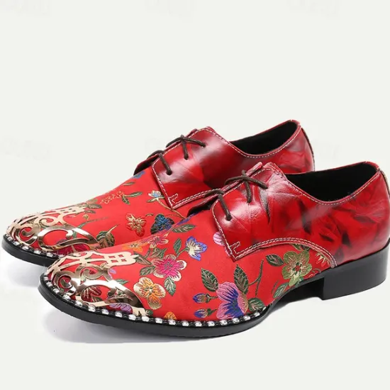 Best OUKU Men's Floral Lace-Up Oxford Shoes – Premium Cowhide Leather with Metal Toe Cap, Stylish Design for Weddings, Parties, and Special Occasions Red