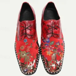 Best OUKU Men's Floral Lace-Up Oxford Shoes – Premium Cowhide Leather with Metal Toe Cap, Stylish Design for Weddings, Parties, and Special Occasions Red
