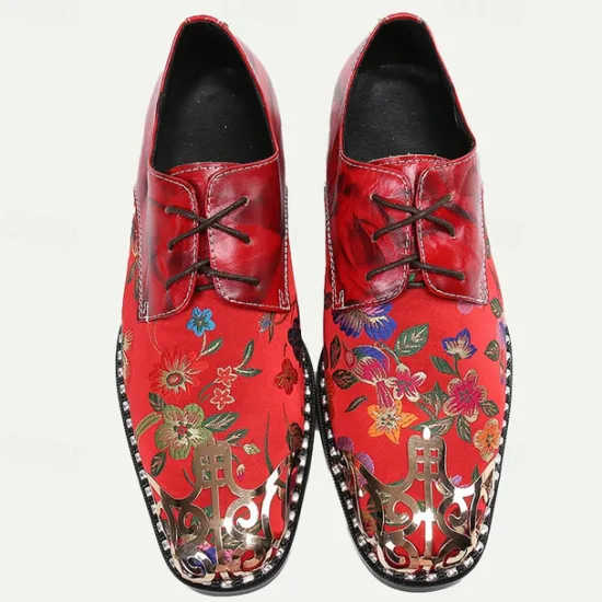 Best OUKU Men's Floral Lace-Up Oxford Shoes – Premium Cowhide Leather with Metal Toe Cap, Stylish Design for Weddings, Parties, and Special Occasions Red