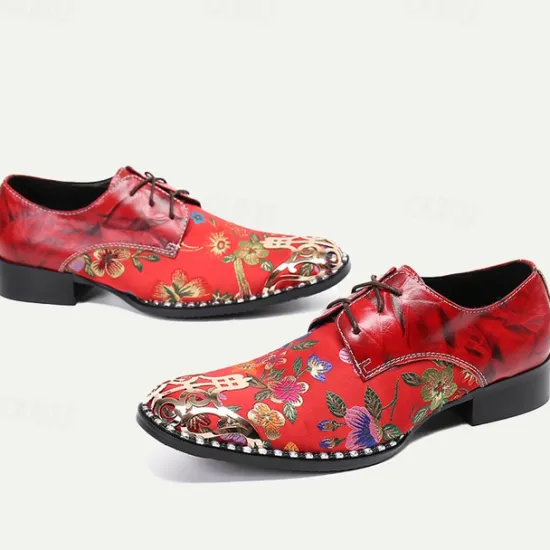 Best OUKU Men's Floral Lace-Up Oxford Shoes – Premium Cowhide Leather with Metal Toe Cap, Stylish Design for Weddings, Parties, and Special Occasions Red