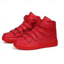 Hot OUKU Men's Red High-Top Velcro Sneakers with Non-Slip Sole - Stylish Casual Footwear