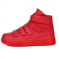 Hot OUKU Men's Red High-Top Velcro Sneakers with Non-Slip Sole - Stylish Casual Footwear