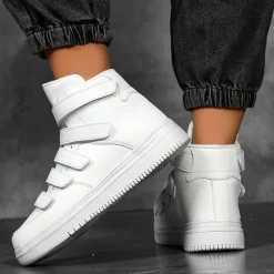 Hot OUKU Men's Red High-Top Velcro Sneakers with Non-Slip Sole - Stylish Casual Footwear