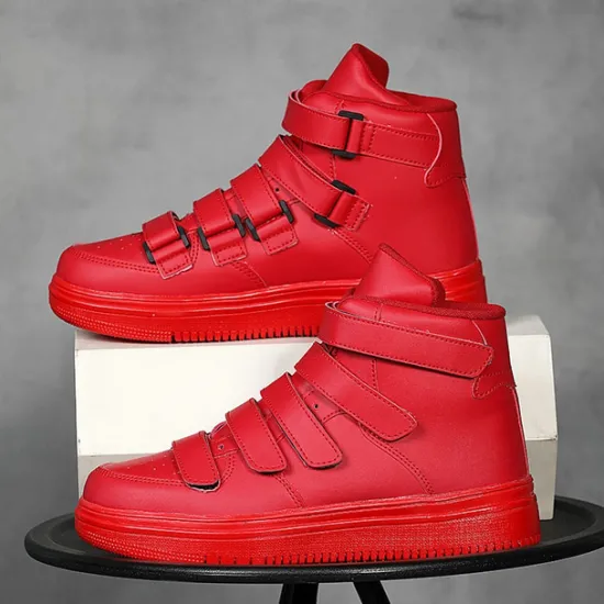 Hot OUKU Men's Red High-Top Velcro Sneakers with Non-Slip Sole - Stylish Casual Footwear