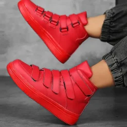 Hot OUKU Men's Red High-Top Velcro Sneakers with Non-Slip Sole - Stylish Casual Footwear